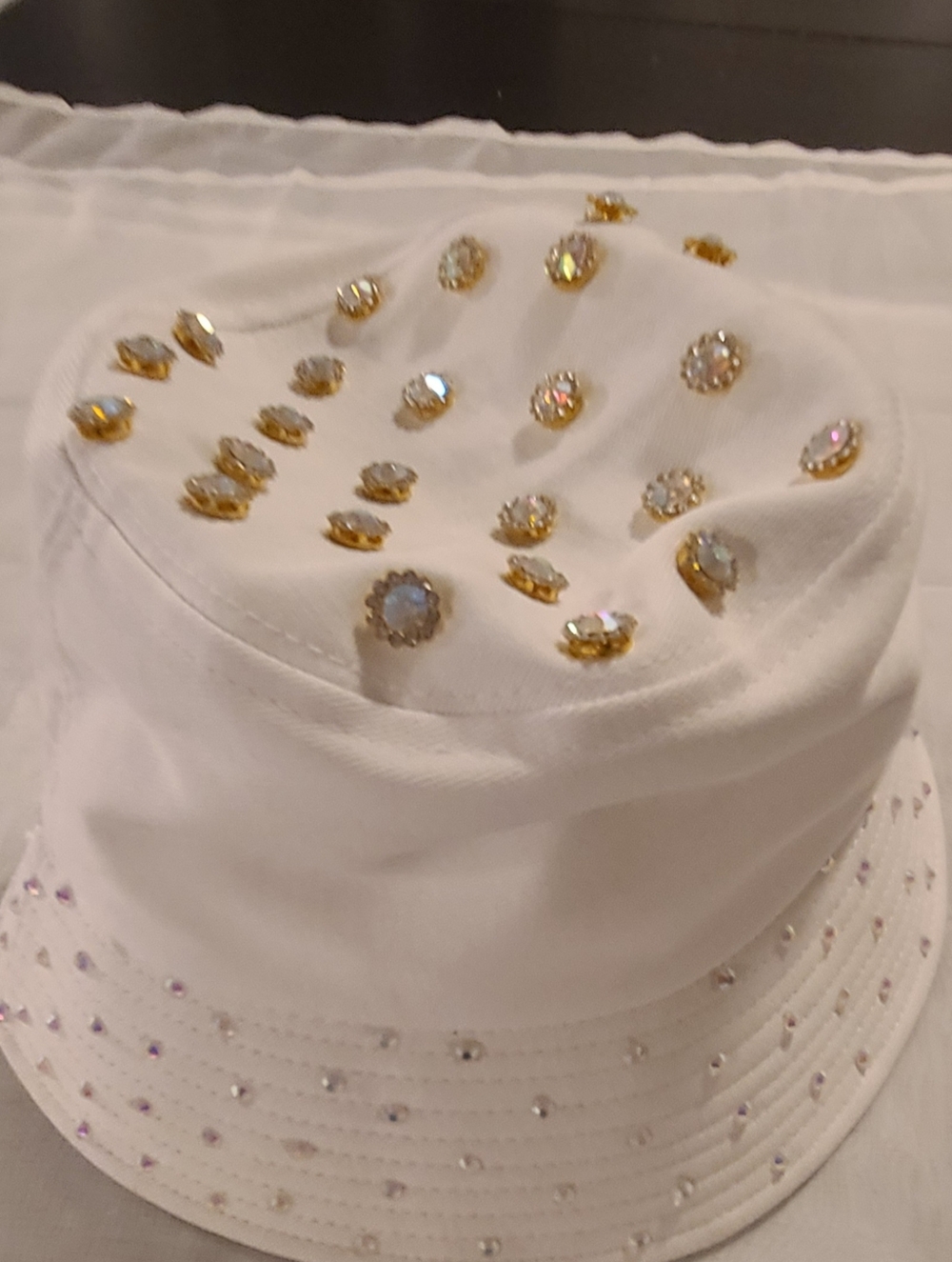 Embellished Bling White Bucket Hat with Gold Accents, Medium